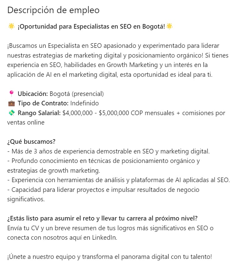 🌟¡Oportunidad para Especialistas en SEO en Bogotá! 🌟
🔍 Buscamos un experto en #SEO con pasión por el #GrowthHacking y #GAI. Únete a nuestro equipo y lidera estrategias de #growthmarketing.
📍 Bogotá, presencial
💼 Contrato indefinido
💸 $4M-$5M COP + comisiones
👉 Envía tu CV:…