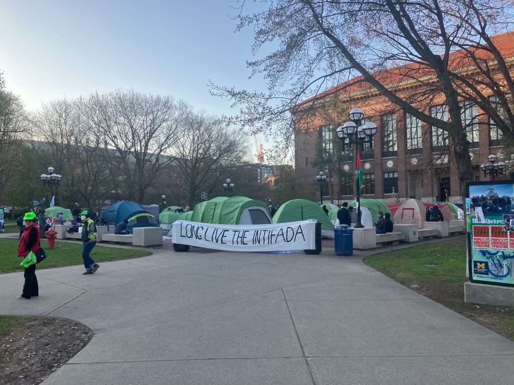 This is on Michigan’s campus. This is not peacefully protesting.  The sign can’t get more anti-Semitic or threatening to a Jewish person.  I have no words except get that sign down.