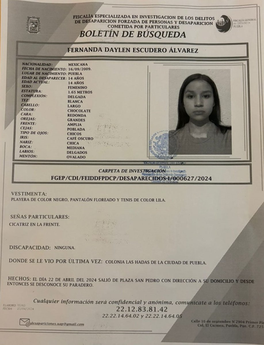 Canal13Puebla's tweet photo. #TeBuscamos 🚨 Fernanda Daylen Escudero Álvarez, de 14 años, desapareció el 22 de abril de 2024, fue vista por última vez en la colonia Las Hadas, Puebla. Si tienes información, comunícate al ☎️ 22 12 83 81 42 o al 911. https://t.co/zIEQKmhE2v