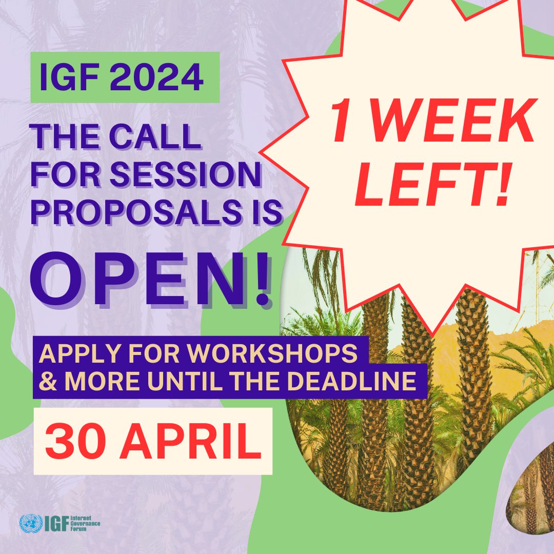 Attention #IGF2024 session proposers: you have 1⃣week left to submit! ⚡️Tuesday 30 April, 23:59 UTC, is the deadline for all session proposals, including workshops, open forums, lightning talks & more ⚡️ See Our Call Page to Apply! bit.ly/4a19mU7 #MSHDigitalFuture