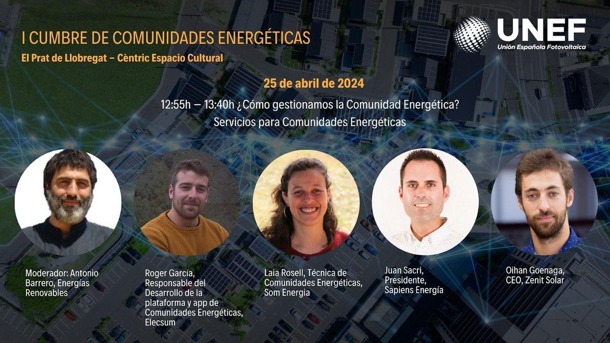 ¿Cómo gestionamos la comunidad energética? 

Este viernes 25/4 estaremos, con <a href="/SomComunitats/">SomComunitats</a>, en la I Cumbre de Comunidades Energéticas de la <a href="/UNEFotovoltaica/">Unión Española Fotovoltaica (UNEF)</a> en el Prat de Llobregat para explicar los servicios que ofrecemos desde la cooperativa.

ℹ️ unef.es/es/evento/i-cu…