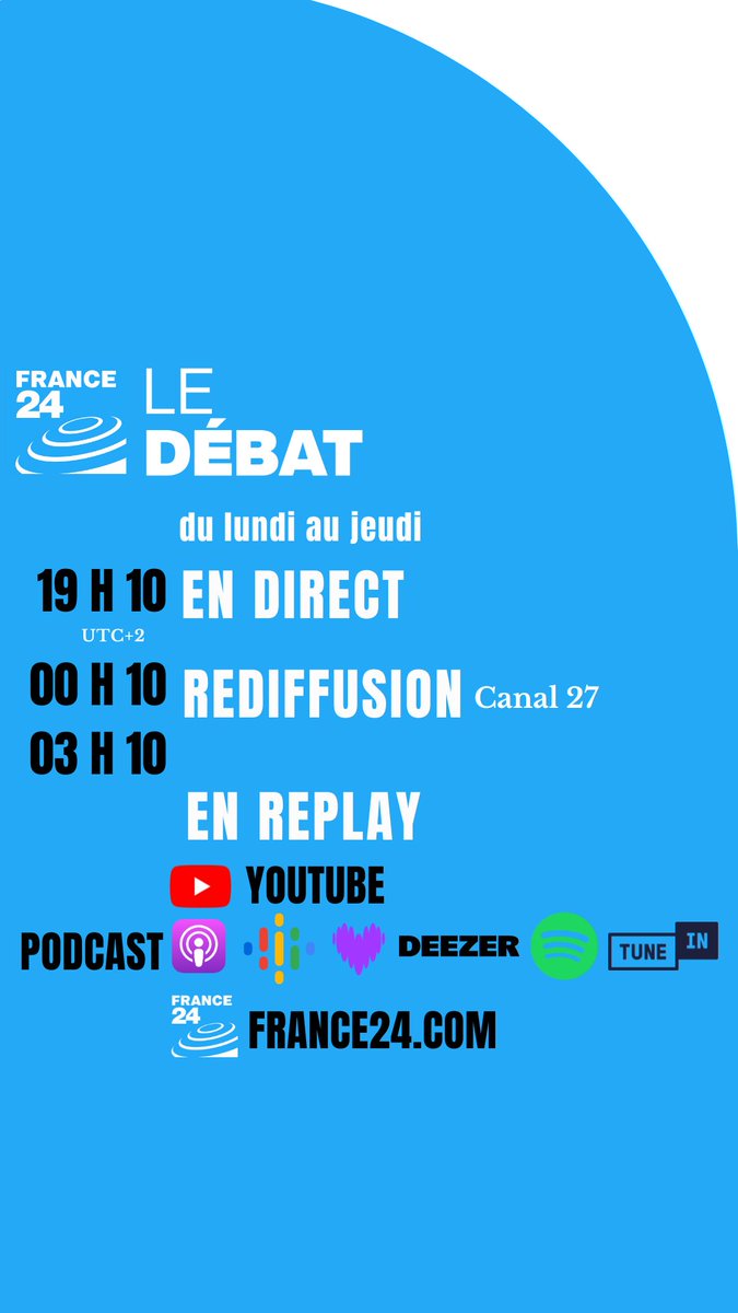 💡Le Débat c’est du lundi au jeudi à 19h10 sur @france24 ! 🚣Si vous ratez le coche, pas de panique😌 ⚡️Retrouvez l’émission sur les réseaux sociaux, en podcast, sur le site de France 24 et rediffusée à 00h10 et 3h10📺 📲 Suivez #LeDébat, commentez, réagissez, débattez 🫵