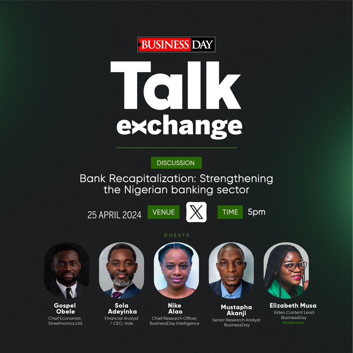 BusinessDayNg's tweet photo. Bank Recapitalization: Is this a move to boost the capital market?

Join us on X on Thursday, 26th April 2024 as we go deep in analysis.

#talkexchangerate #recapitalization #banks #businessday https://t.co/hOQrjhwqat