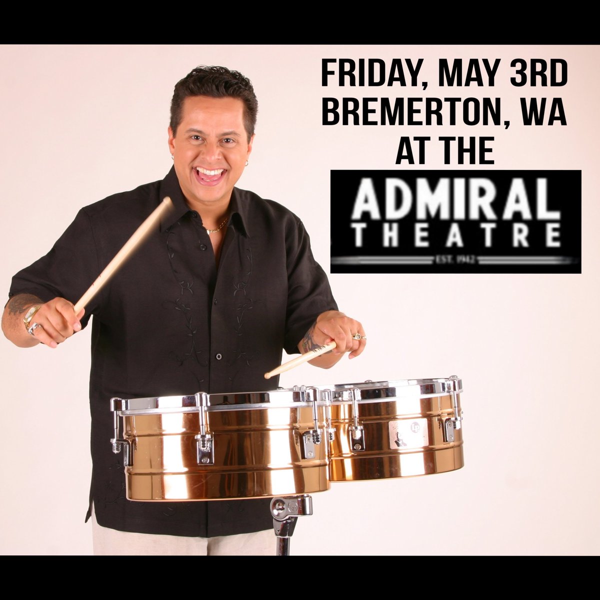 Seattle, Tacoma, Bremerton, WA come mambo with Tito Puente,Jr.  and his latin jazz orchestra live in concert Friday May 3rd at the Admiral Theatre 515 Pacific Avenue, Bremerton, WA, 98337. Doors 6:30 p.m. | Show 8 p.m.
Get tickets at: Admiraltheatre.org
@admiral_theatre
