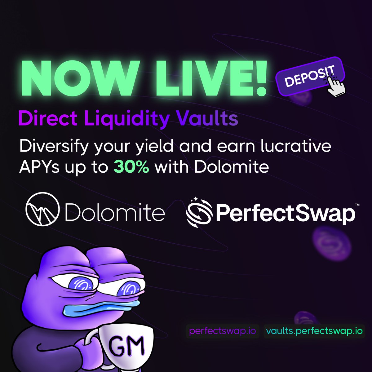 Introducing the official Perfect x @Dolomite_io Direct Liquidity Vaults! ✅Farm your ETH, WBTC, ARB, USDC and earn up to 30% APY ✅Deposit into vaults to be qualified for a $PRFCT airdrop ✅No lock-up period ✅0% deposit/withdrawal fee Jump in now👇 vaults.perfectswap.io/#/vault/dolomi…