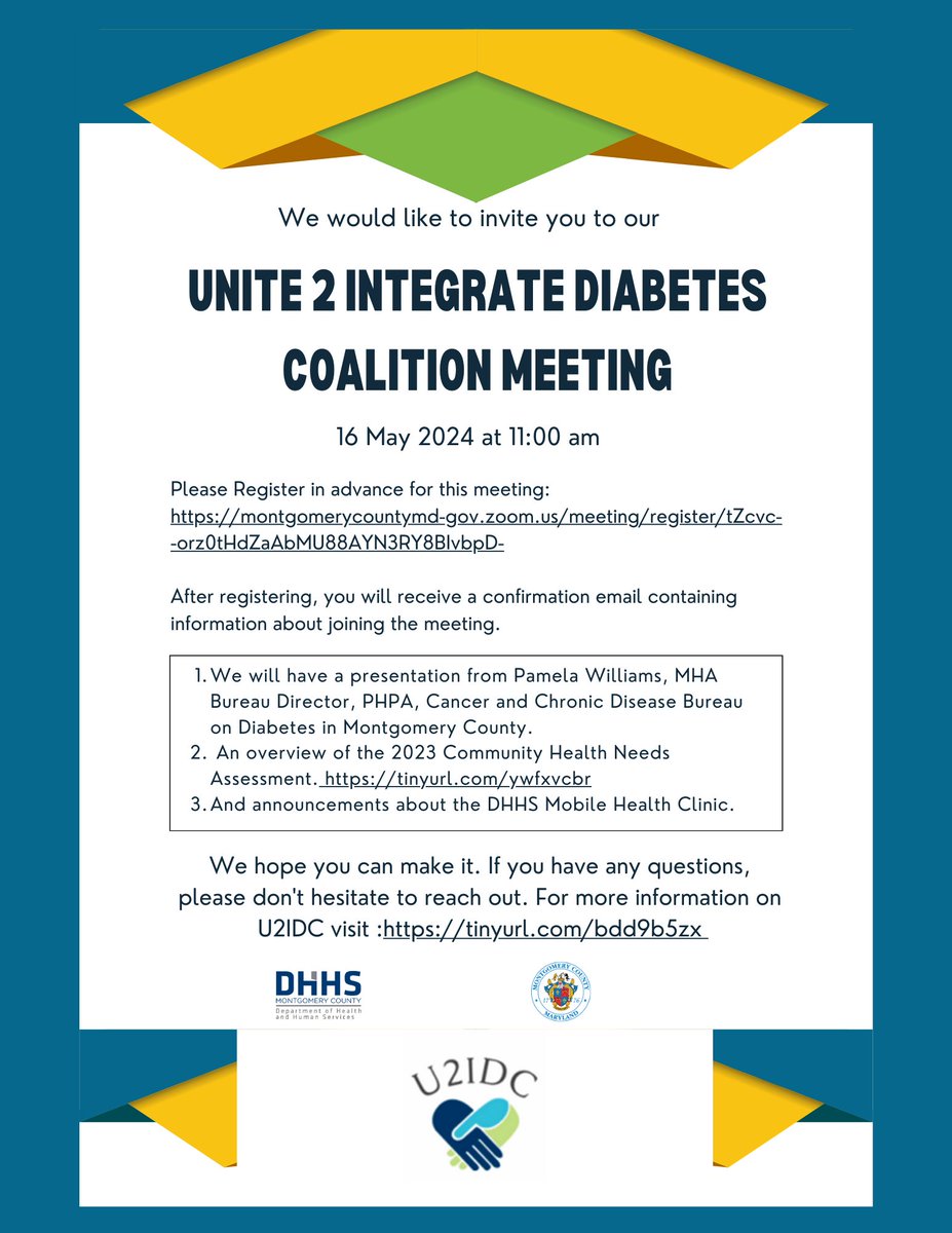 We are gearing up for our next Unite 2 Integrate Diabetes Coalition Meeting on May 16! Join us if you can by registering at: montgomerycountymd-gov.zoom.us/meeting/regist…