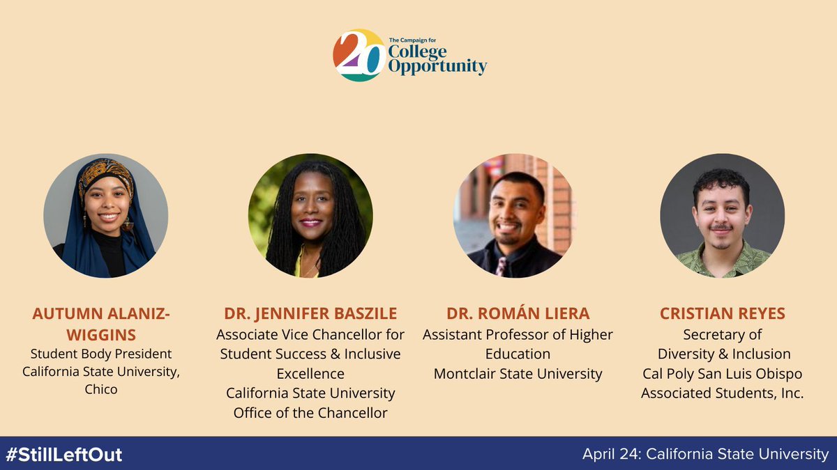 TOMORROW! Join us for the final webinar in our #StillLeftOut series as we discuss findings for the CSU with students & experts to ensure the full inclusion & diversity reflective of California’s college students in leadership at the CSU. Register here: buff.ly/449btCU