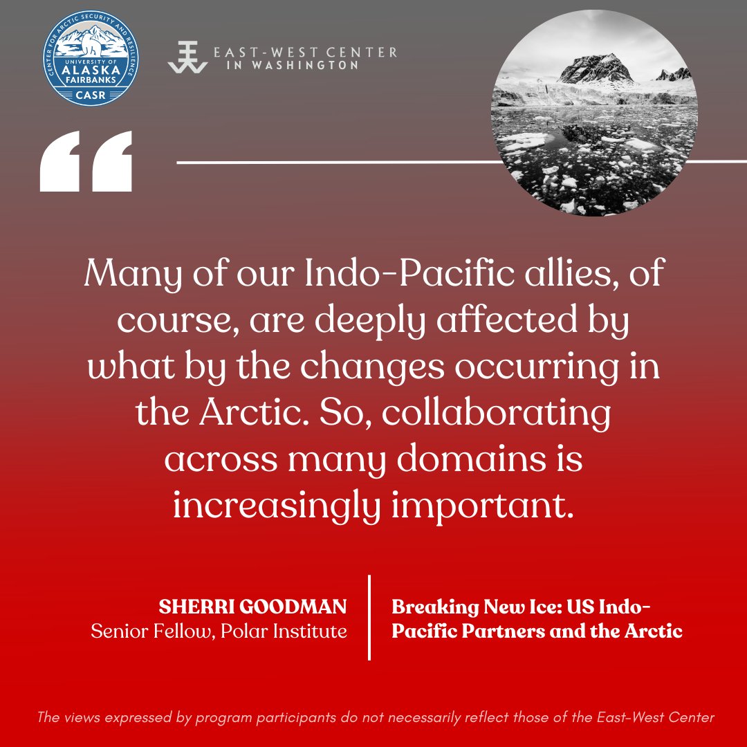 Why should the United States prioritize collaboration with allies in the #Arctic?

The <a href="/PolarInstitute/">Polar Institute</a>'s Sherri Goodman shared her thoughts during "Breaking New Ice: US Indo-Pacific Partners and the Arctic.": bit.ly/443ULVT

<a href="/uafairbanks/">UA Fairbanks</a>