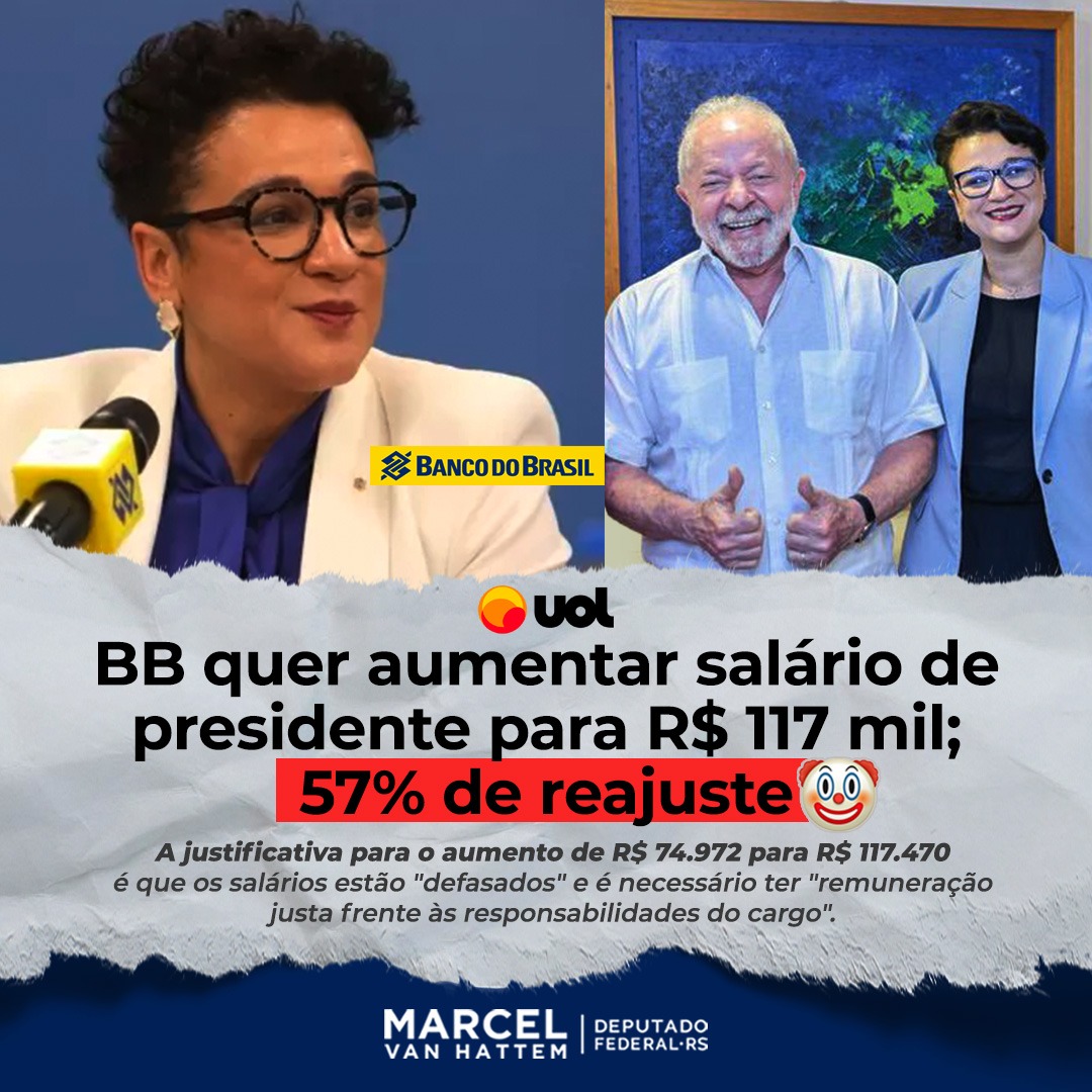marcelvanhattem's tweet photo. Sugar tudo o que puder em salários e benefícios, aumentar o número de cargos, de ministérios, flexibilizar o teto de gastos para poder gastar mais e mais. Esta é a fórmula conhecida de governos esquerdistas, que está dando muito certo, mais uma vez. Para eles, claro.

Com participação em reuniões de conselhos, os proventos da presidente do Banco do Brasil deve ultrapassar os R$ 242 mil a cada mês.

Absurdo!