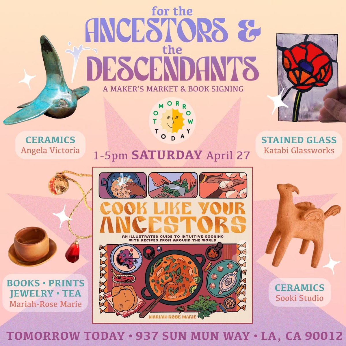 los ángeles, what are you doing saturday? come have some tea & peruse some ceramics, stained glass, books, prints & jewelry at @tomorrowtodayLA I've been crushing & drying spices all week! 15% of proceeds from the market will be going to on-the-ground relief in g❤️‍🩹za