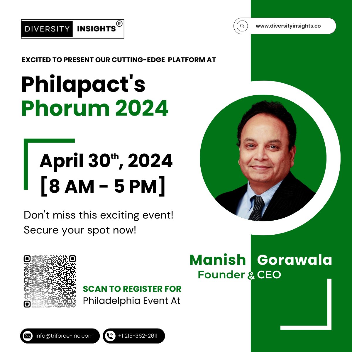 🚀 Excited for #Phorum2024? Join Mr Manish Gorawala, CEO of Tri-Force Consulting Services, at Philadelphia's premier enterprise tech event! 🌟

🎟️ For details and to register:📞 +1 215-362-2611
📧 info@diversityinsights.co
🔗 Free Trial Now: diversityinsights.co/free-trial-acc…