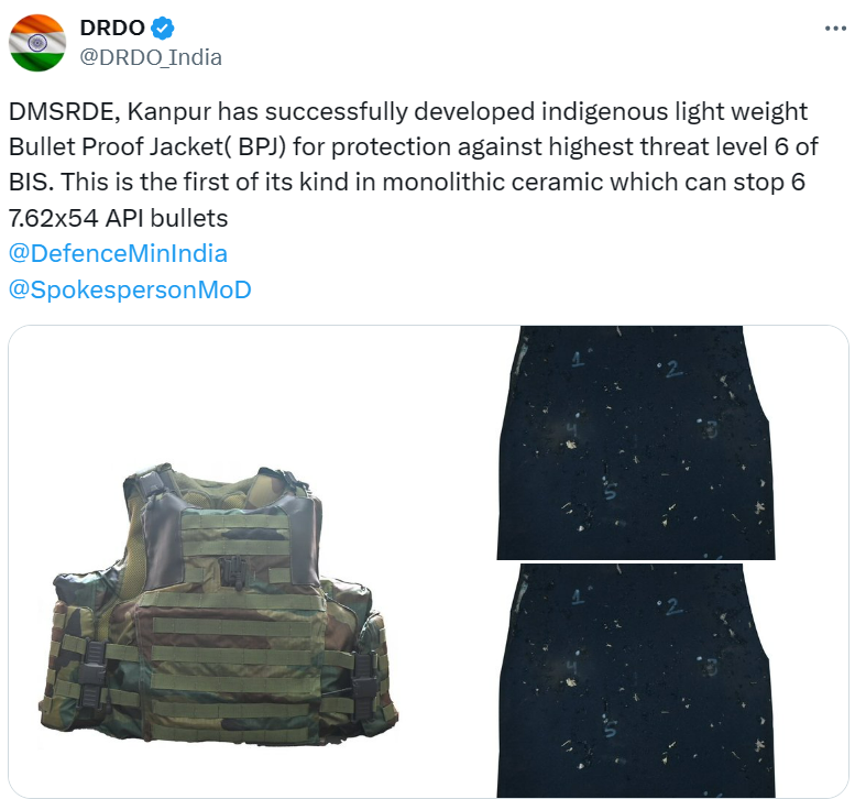 STORY | DRDO develops country's lightest bulletproof jacket for protection against highest threat level READ: ptinews.com/story/national…