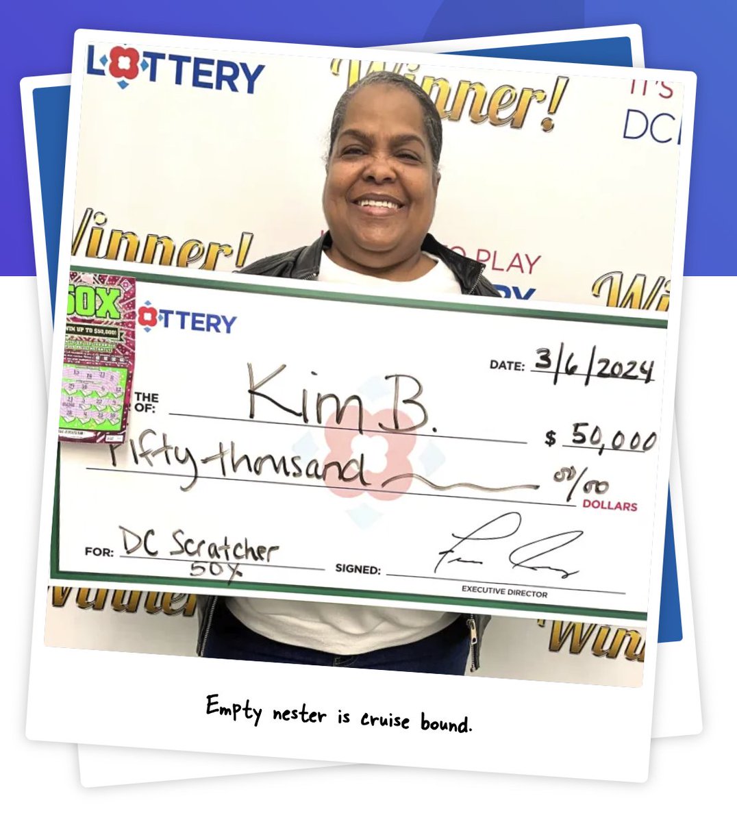 DC Lottery player Kim B. is ready to set sail with her winnings! 🛳️ Taking home the $50,000 top prize with the 50X DC Scratcher, the empty nester is ready to hit the open seas and enjoy a nice cruise! ☀️ See more winners here #WinnerSpotlight: bit.ly/3UkYx9M