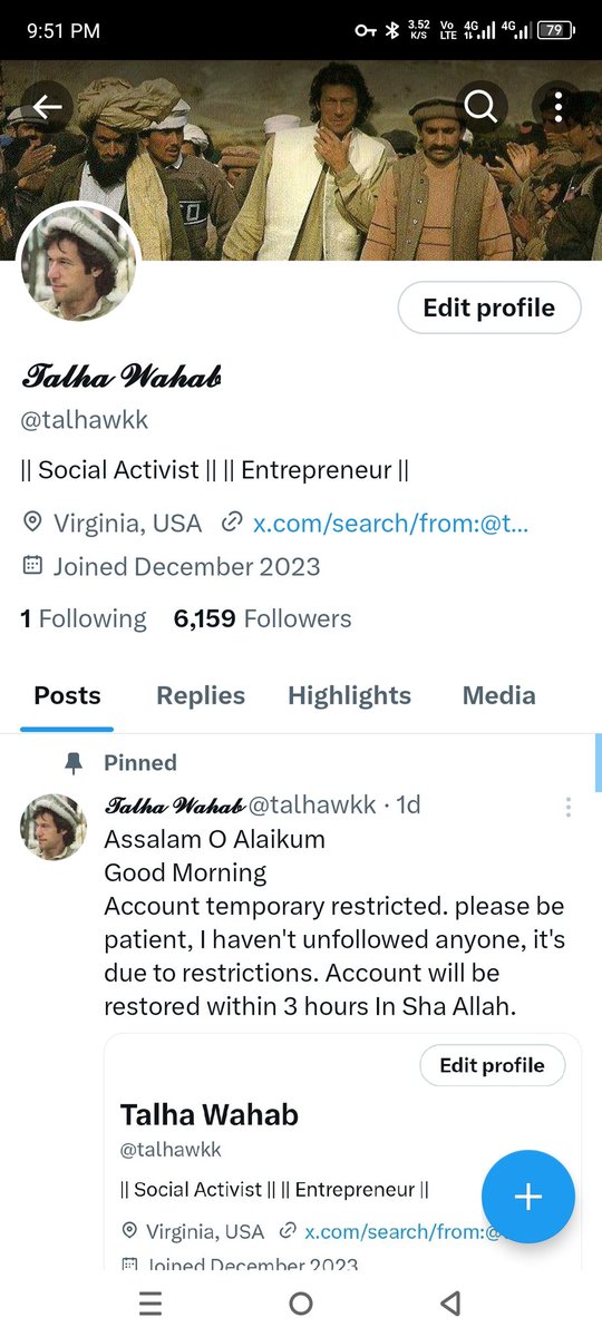 talhawkk's tweet photo. Assalam O Alaikum
Good Morning
Account temporary restricted. please be patient, I haven't unfollowed anyone, it's due to restrictions. Account will be restored within 3 hours In Sha Allah. https://t.co/aMUNc92IyY