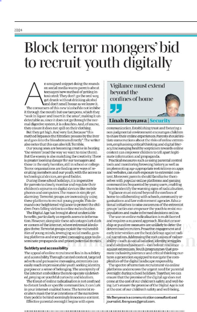 Terrorist groups are exploiting social media to propagate misinformation and find new recruits by preying on the gullibility of young minds.  

To protect our children, it is our responsibility to closely monitor their activities on the internet.

#ActionCountersTerrorism