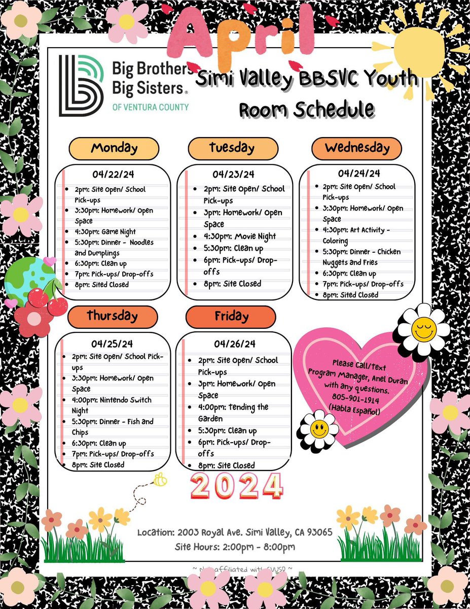 We have some exciting activities at the BBSVC@SimiValley Youth Room this week! 

Located 2003 Royal Ave, Simi Valley, CA 93065, open 2pm to 8pm

Contact Anel Duran at 805.891.9461/aduran@bbsvc.org for more info (Habla Español)

#BBSVC #BiggerTogether @BBBSA