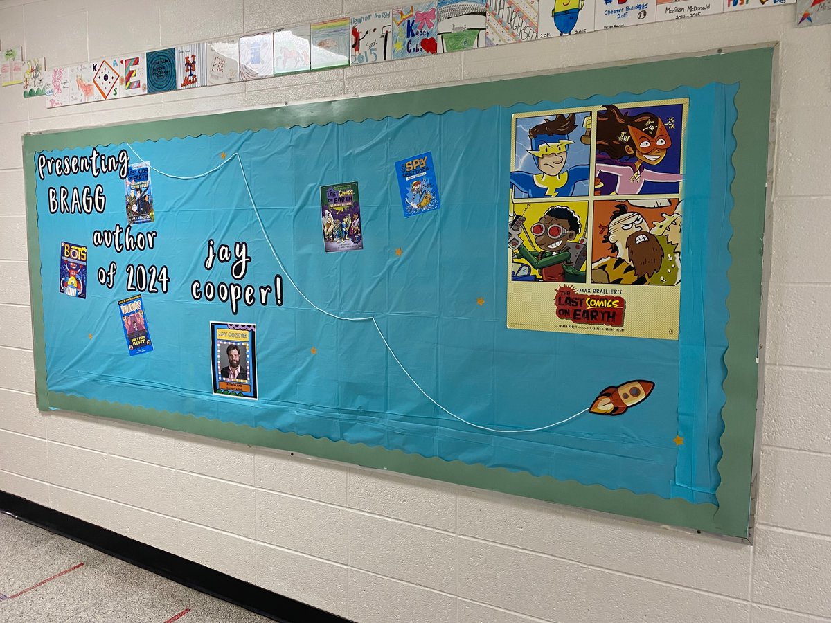 Student designed bulletin boards and posters at @BraggSchoolCSD to celebrate our visit from author/illustrator @jaycooperart 🖌️📖 #WeAreChesterNJ
