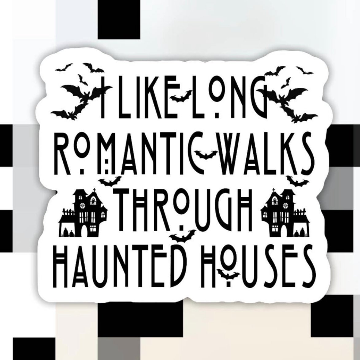 Who needs long walks on the beach... When you can have romantic walks through haunted houses?! This funny sticker is 100% waterproof & weatherproof making it perfect for journals, hydro-flasks, water bottles, phone cases, windows & more! For more info: wickedlywilliams.com/collections/st…