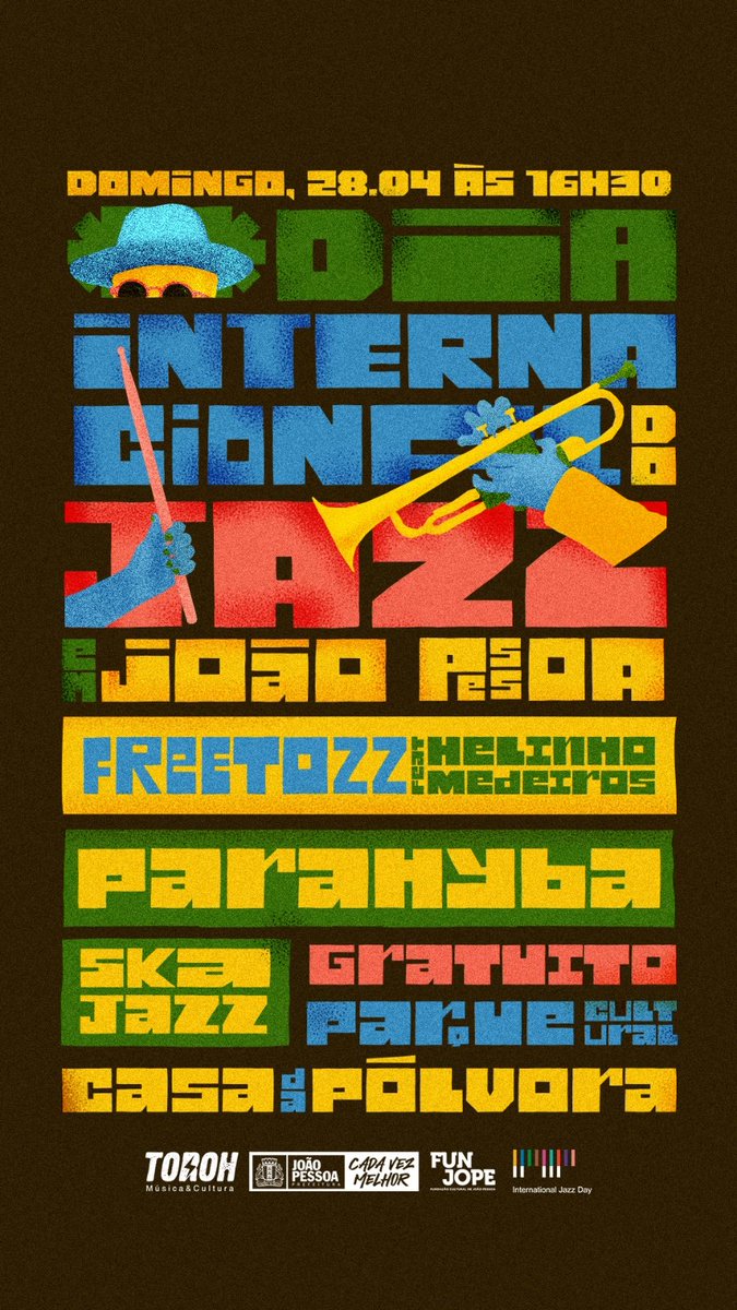 torohmusic's tweet photo. Dia Internacional do Jazz em João Pessoa 

Freetozz + Helinho Medeiros
Parahyba Ska Jazz

28 de Abril, Domingo, 16h30
Parque Cultural Casa da Pólvora 
Evento Gratuito

Co-Realização e Produção: Toroh Música&amp;Cultura 
Patrocínio e Co-Realização: Funjope / Prefeitura de João Pessoa https://t.co/vKeUdV8crt