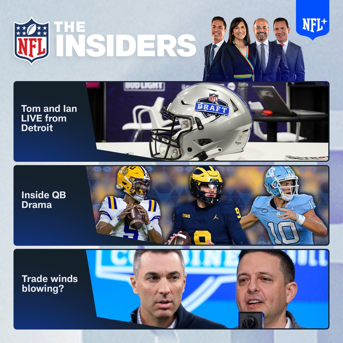 The Insiders is back: We’re LIVE in Detroit starting right now on @nflnetwork with me and @RapSheet, plus @MikeGarafolo, @judybattista, @OmarDRuiz, @SherreeBurruss, @jeffrichadiha and special guests, including @BigJax58. 📺📱💻 NFL.com/Plus