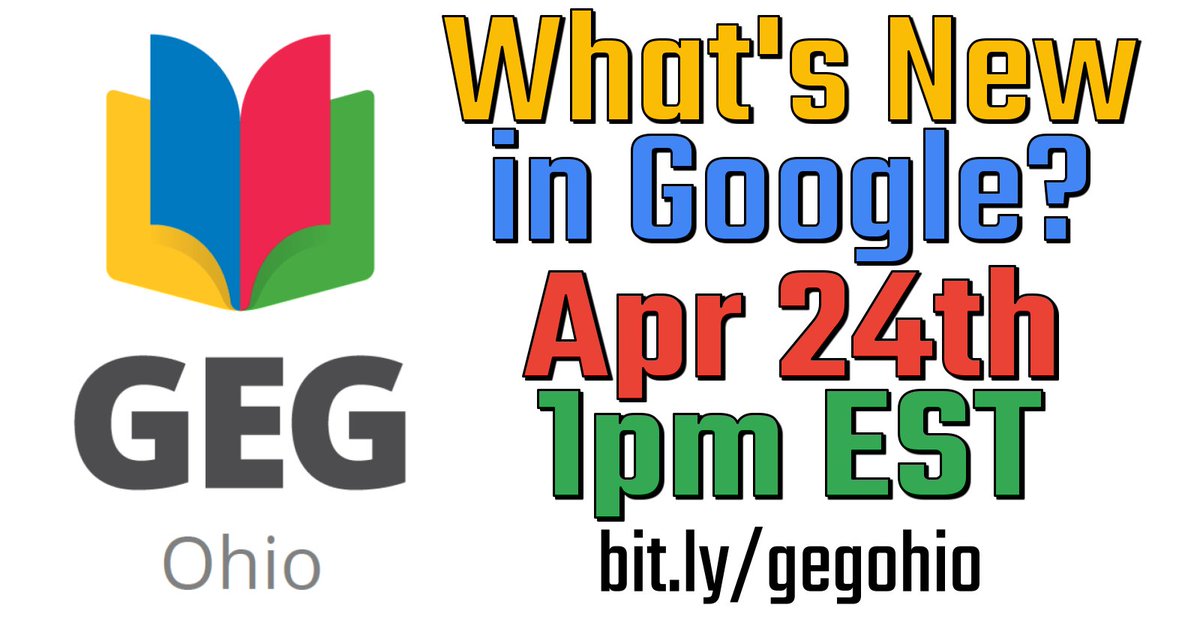 What's New in Google for Schools?
🗓️ Join us online for our monthly GEG-Ohio meeting this Wednesday, Apr 24th at 1pm EST
📰 Latest GoogleEDU updates
🧰 Helpful tips &amp; resources
❓ Q&amp;A
👉 Details here docs.google.com/document/d/1BO…

#edtech #EduTwitter #TLAP <a href="/GoogleForEdu/">Google for Education</a> <a href="/GegProgram/">Google Educator Groups</a>