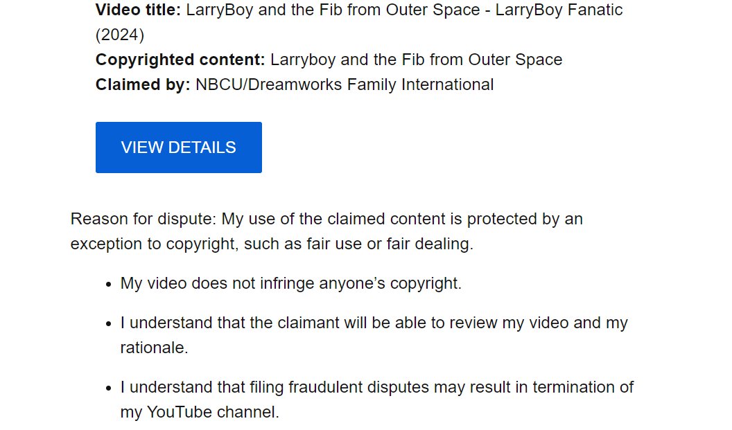 Got copyright claimed by Big Idea/NBCU. But don't worry. LBF sent a counter-claim, disputing it. It's petty, but hey. I kinda knew Big Idea/NBCU would try to do this at some point or another. #YouTube #fairuse