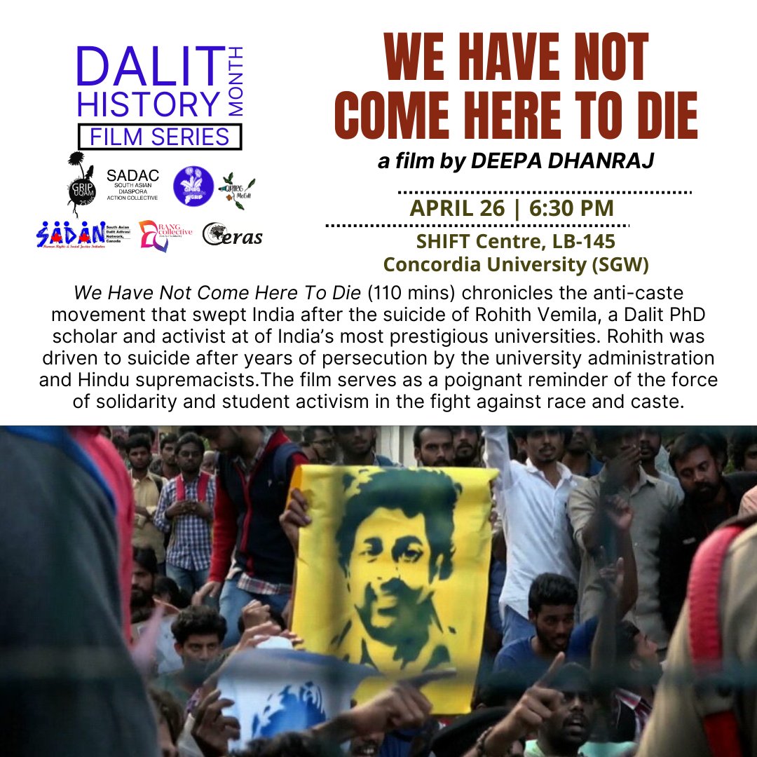Next film in the #dalithistorymonth series:
Friday April 26th, 2024 at 6:30pm
We Have Not Come Here To Die, by Deepa Dhanraj
SHIFT Centre for Social Transformation
Event page: fb.me/e/3rgkpUS4K

The month of April celebrates Dalit history, culture, resilience and..