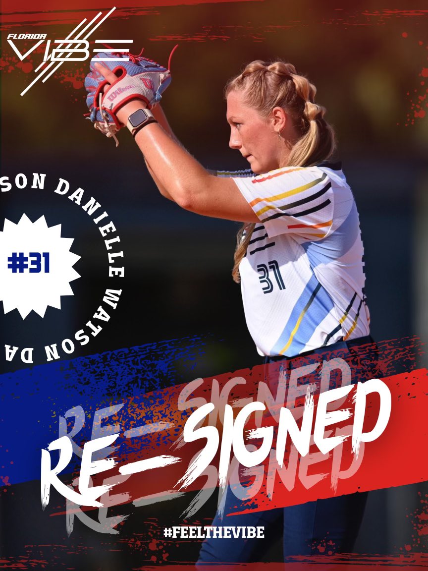 #FEELTHEVIBE✌️ The 2024 Florida VIBE has RE-SIGNED, Pitcher, from @FSU_Softball DANIELLE WATSON! Head to the Florida VIBE team store, purchase your WATSON #31 jersey replica & even more VIBE fan wear to get ready to see your VIBE compete all summer in the #APF #ProSoftball