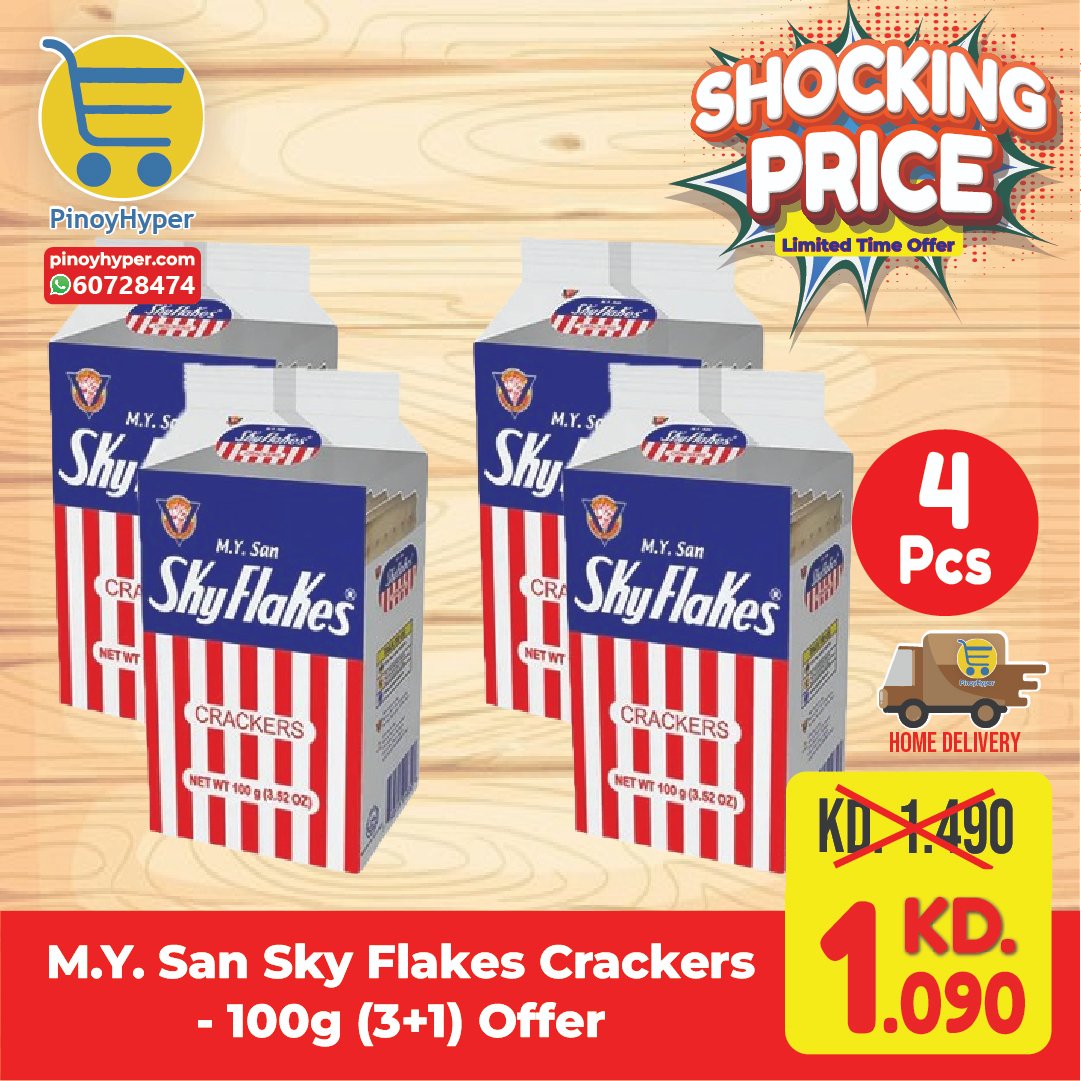 🇰🇼 Snacks Big Sale 🇰🇼
🥰Offer for OFW Kuwait 🥰
Delivery All over Kuwait 🚛
M.Y. San Sky Flakes Crackers - 100g (3+1) Offer
#pinoyhyper #ofw #ofwkuwait #pilipinosakuwait #onlinegrocery #pinoy #philippines #filipino #pilipinas #pinoyfoodie #pinoyfood
#summeroffer
#offer #summer