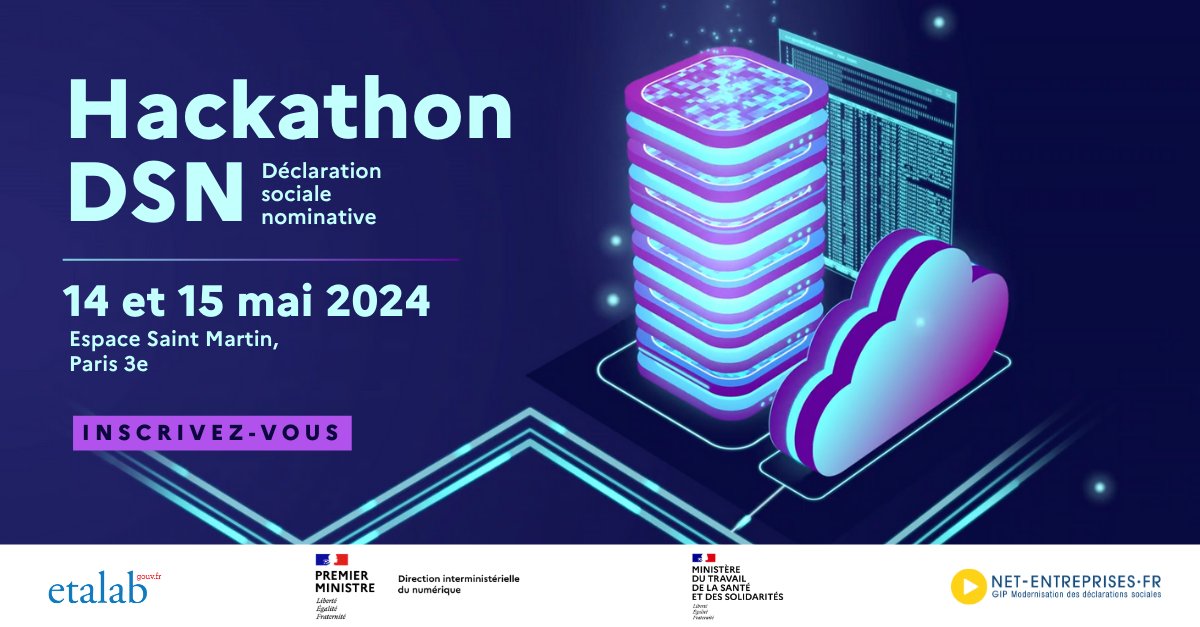 🚀 Vous souhaitez améliorer les politiques publiques en matière de travail et d’emploi ? Venez participer au Hackathon DSN organisé par Etalab, département de la @_DINUM 📷 Quand : 14/05 et 15/05 🚩Où : Paris 3e Inscription : shorturl.at/yAIZ0