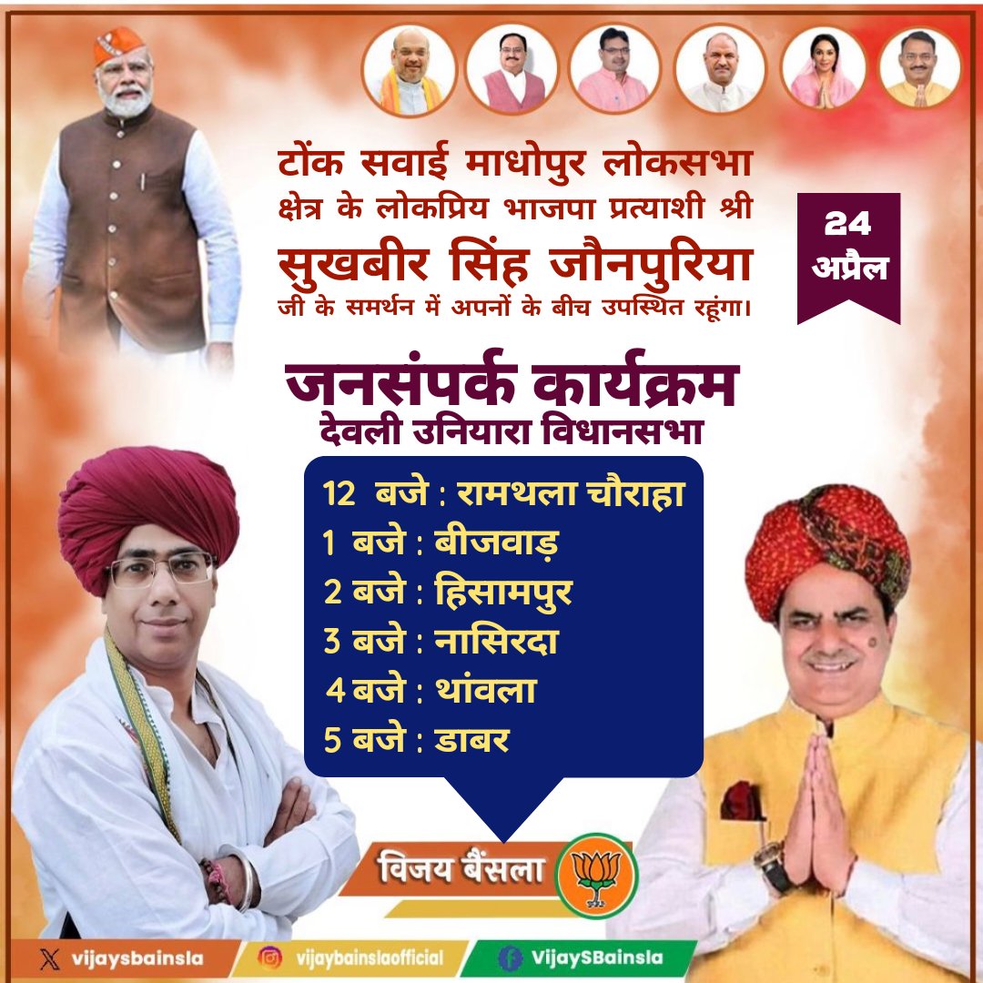 RAKESH KUMAR GURJAR (@gurjarrakesh_0) on Twitter photo भाजपा के #टोंक_सवाई_माधोपुर_लोकसभा प्रत्याशी श्री <a href="/JaunapuriaSS/">Sukhbir Singh Jaunapuria (Modi Ka Pariwar)</a> जी के समर्थन में कल 24 अप्रैल को देवली उनियारा विधानसभा क्षेत्र के विभिन्न ग्राम पंचायतों में जनसंपर्क कर आप सभी के बीच उपस्थित रहूंगा। <a href="/VijaySBainsla/">विजय बैंसला | Vijay Bainsla</a> जी
<a href="/jaunapuria/">Ashok Singh Jaunapuria (Modi Ka Parivar)</a> <a href="/narendramodi/">Narendra Modi</a> <a href="/AmitShah/">Amit Shah</a> <a href="/myogiadityanath/">Yogi Adityanath</a> भाजपा के #टोंक_सवाई_माधोपुर_लोकसभा प्रत्याशी श्री <a href="/JaunapuriaSS/">Sukhbir Singh Jaunapuria (Modi Ka Pariwar)</a> जी के समर्थन में कल 24 अप्रैल को देवली उनियारा विधानसभा क्षेत्र के विभिन्न ग्राम पंचायतों में जनसंपर्क कर आप सभी के बीच उपस्थित रहूंगा। <a href="/VijaySBainsla/">विजय बैंसला | Vijay Bainsla</a> जी
<a href="/jaunapuria/">Ashok Singh Jaunapuria (Modi Ka Parivar)</a> <a href="/narendramodi/">Narendra Modi</a> <a href="/AmitShah/">Amit Shah</a> <a href="/myogiadityanath/">Yogi Adityanath</a>
