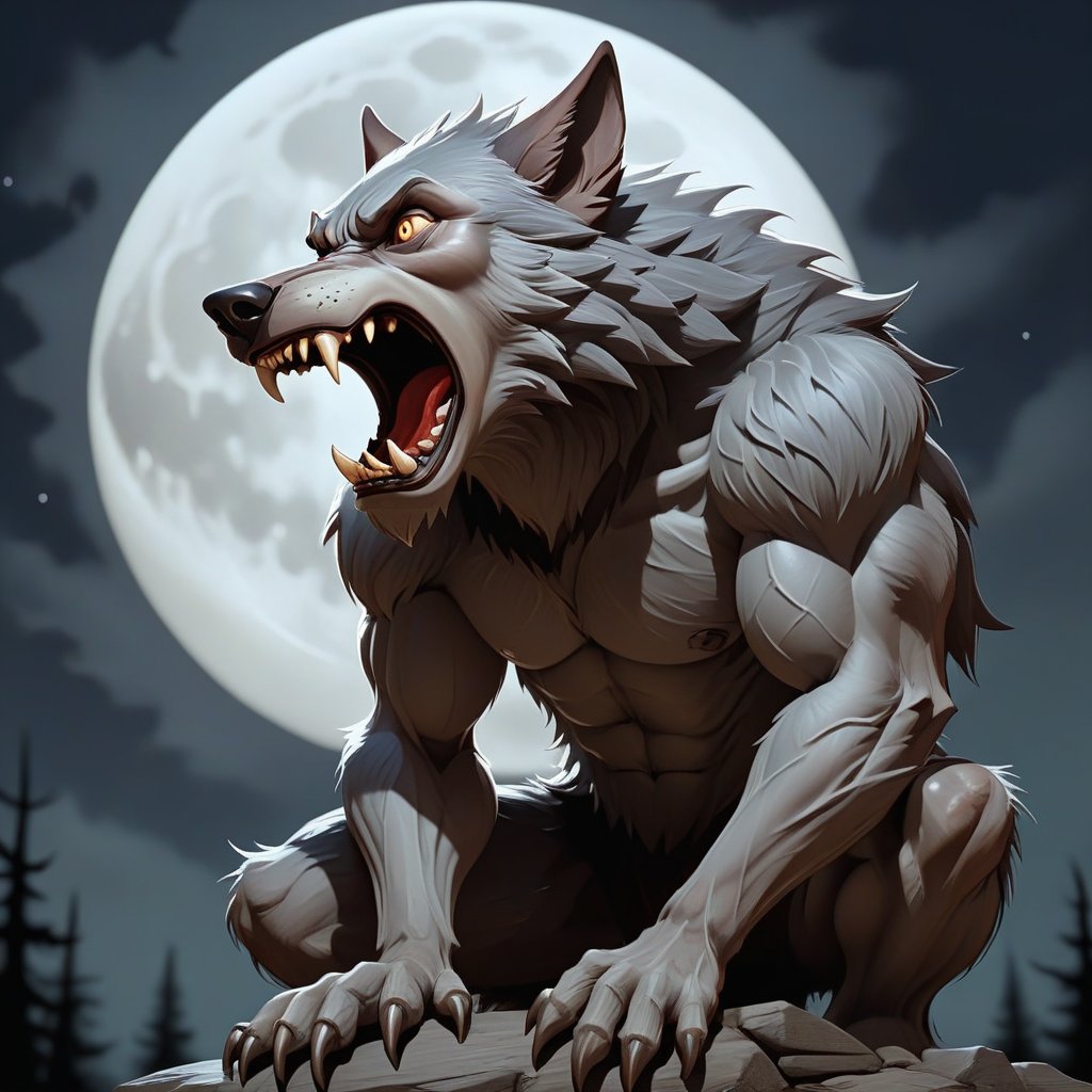 In the dead of night, bathed in the cool glow of a full moon, a monstrous werewolf rears back on its powerful hind legs. Its fur, a thick and matted black, bristles with primal energy.