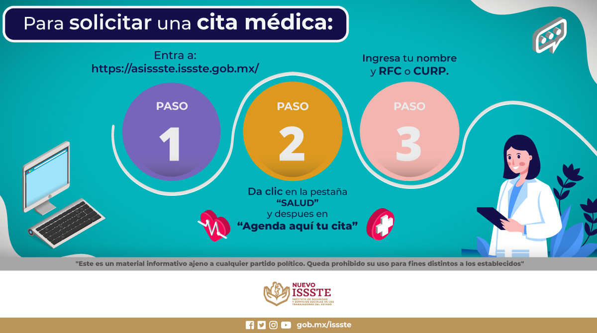 ISSSTE_mx's tweet photo. Conoce los pasos para agendar una cita médica fácilmente en el portal ASISSSTE:
#ASISSSTE https://t.co/7DXk31W50T