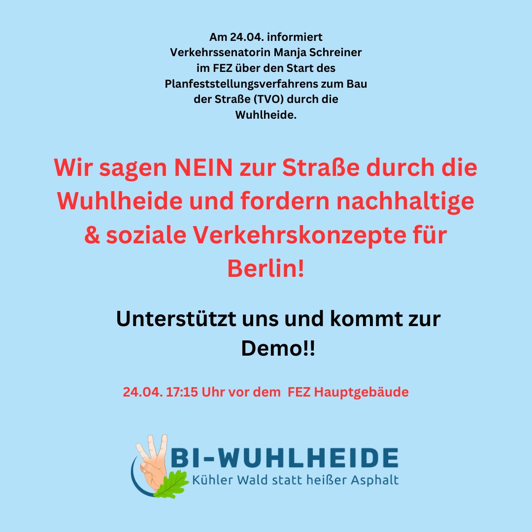 CDU plant veraltete Schnellstraße durch die Wuhlheide, gefährdet 16 Hektar Wald, bricht Kompromiss für S-Bahn. Verkehrssenatorin Schreiner präsentiert autozentrierte TVO. Demonstrieren wir für zukunftsorientierte Mobilität! 🗓️24. April, 17:15, vor dem FEZ #WenigerAutosMehrWald