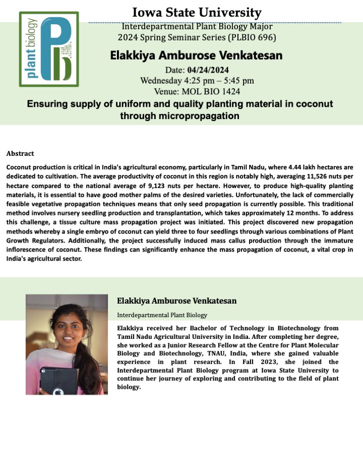 IpbIsu's tweet photo. Please join us for the IPB seminar with Elakkiya Amburose, Liang-Chun Chen, Maryam Almazrouei on Wednesday, April 24, 2024, in 1424 Molecular Biology Building at 4:25 pm.
Please have a look at attached flyer to see the abstract. https://t.co/73uDi6r467