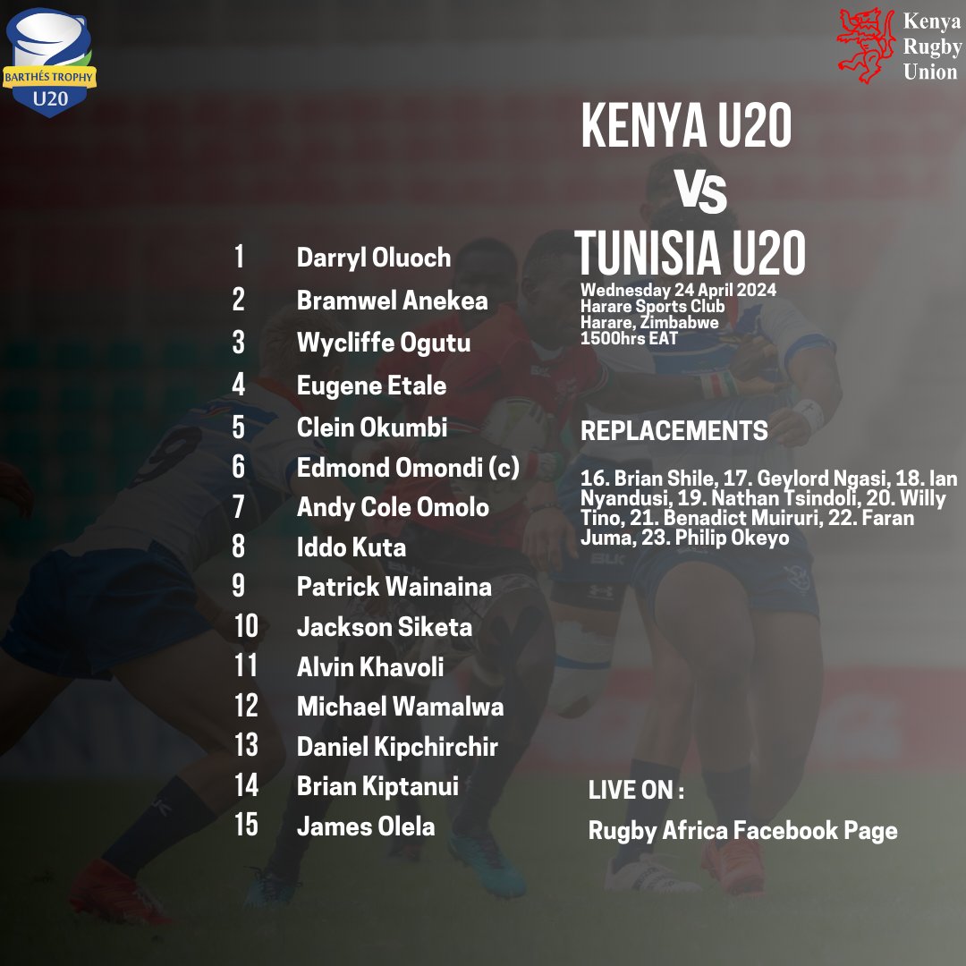Kenya U20 Chipu Squad to face Tunisia U20 tomorrow.

#RugbyKe #RugbyAfrica #SinBinRugby #KenyaU20 #Chipu #BarthesTrophy #U20BarthesTrophy #Chipu2024