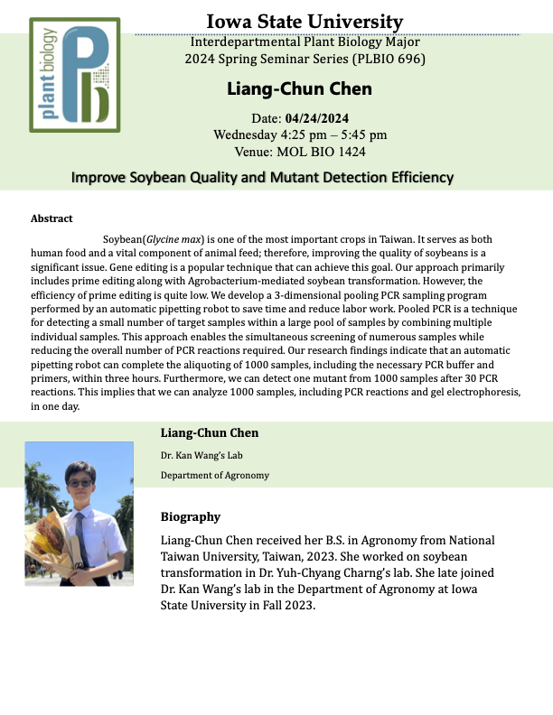 IpbIsu's tweet photo. Please join us for the IPB seminar with Elakkiya Amburose, Liang-Chun Chen, Maryam Almazrouei on Wednesday, April 24, 2024, in 1424 Molecular Biology Building at 4:25 pm.
Please have a look at attached flyer to see the abstract. https://t.co/73uDi6r467