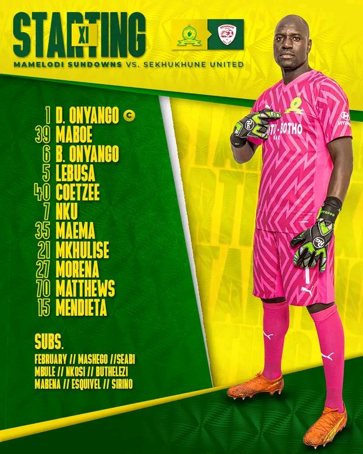 Denis Onyango named in the starting line up as Mamelodi Sundowns take on Sekhukhune United in the Dstv Premiership at Loftus Versfeld Stadium 🏟