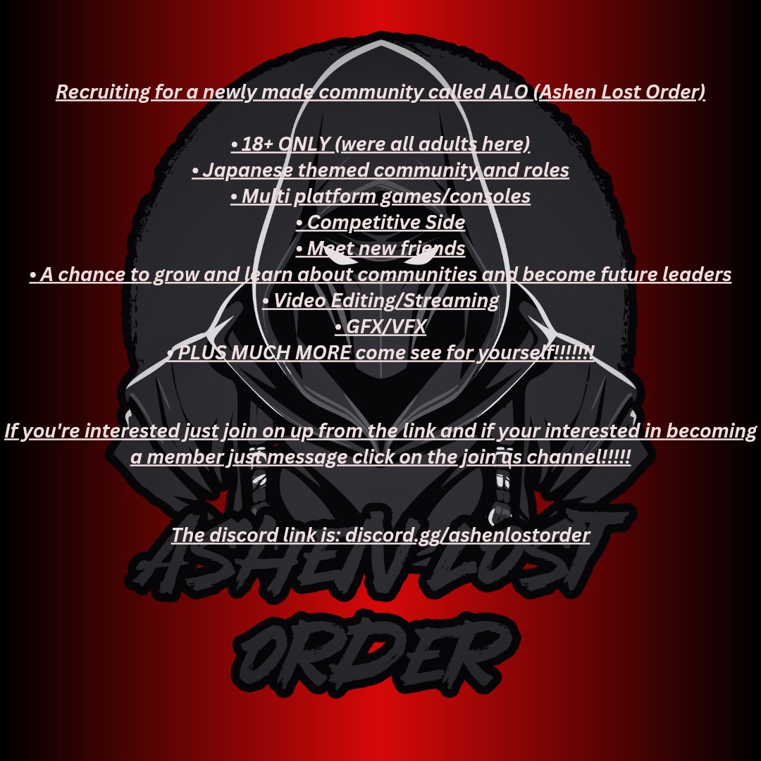 AshenLostOrder's tweet photo. What are you waiting for? If you want a community that's super chill, look no further than ALO! Join us today discord link in bio! https://t.co/6ehICJNN7Z