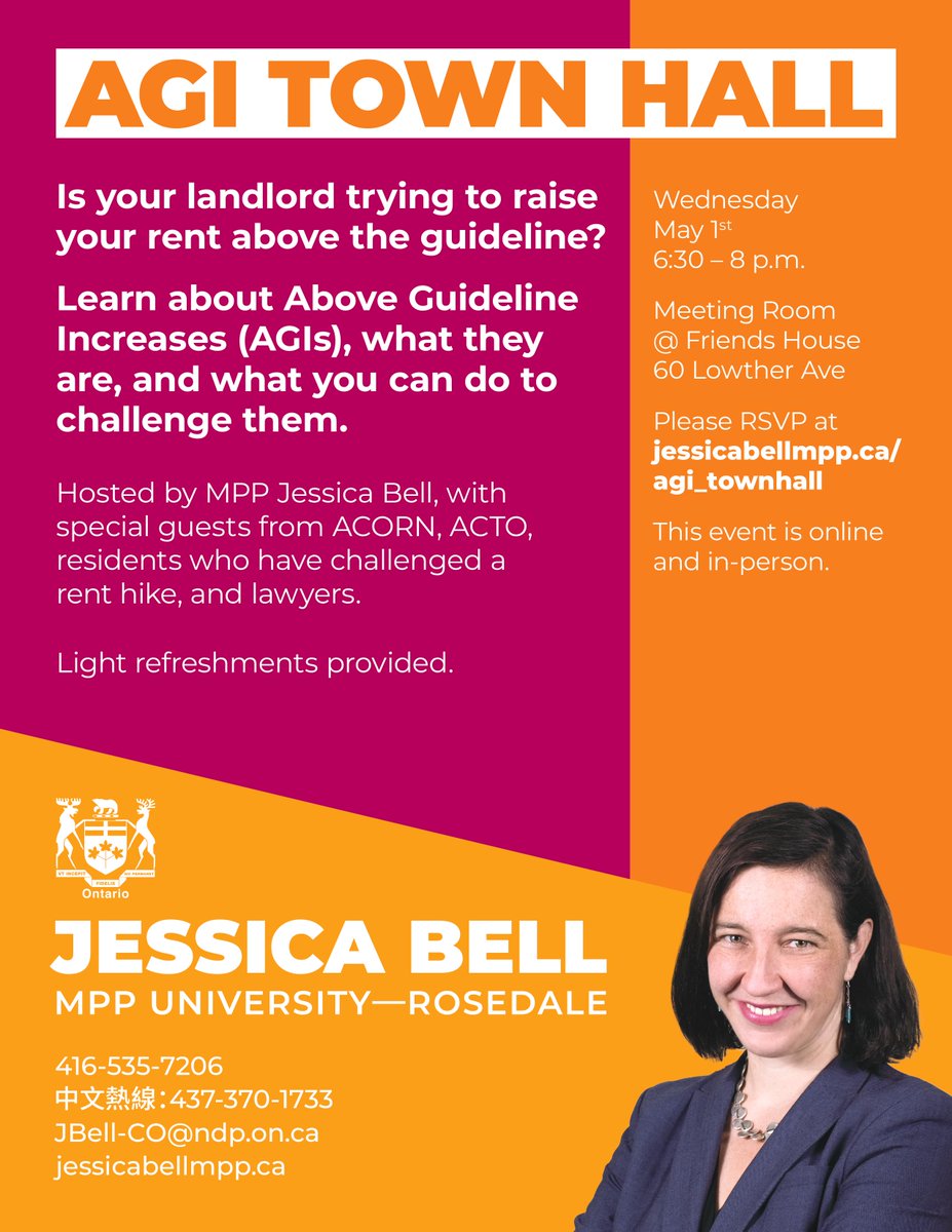 Is your landlord trying to raise your rent above the guideline? Learn about Above Guideline Increases (AGIs), what they are, and what you can do to challenge them. Hosted by MPP Jessica Bell, with special guests from ACORN, ACTO, residents who have challenged a rent hike, and…