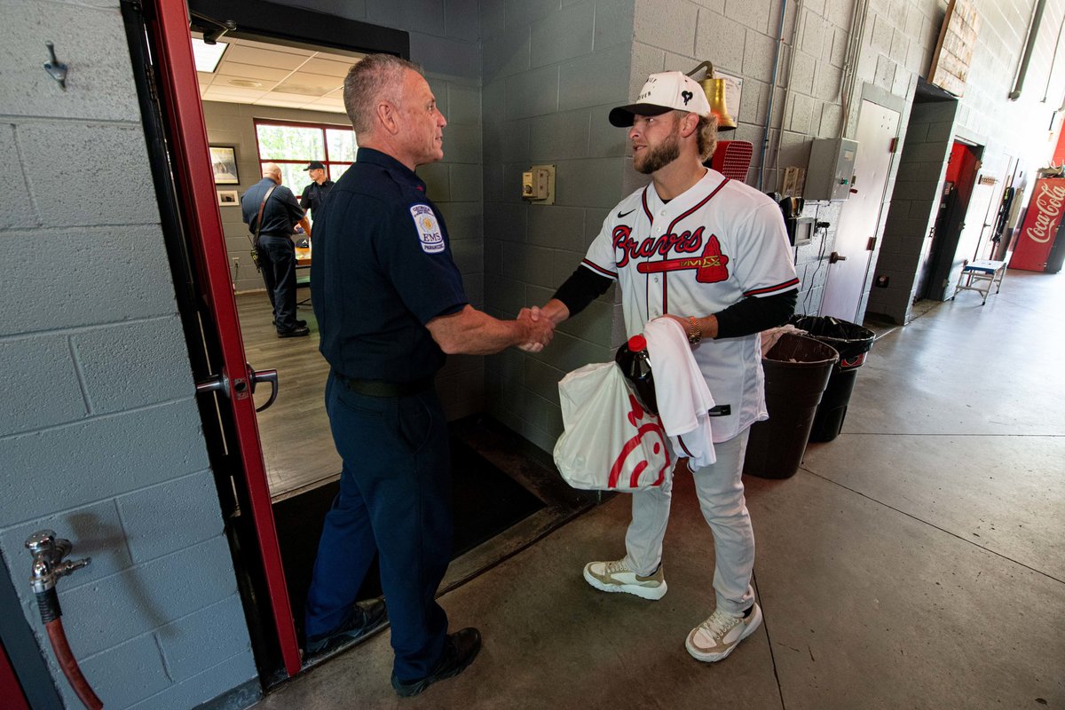 Earlier today, A.J. Minter delivered lunch and gifts to @cobbcountyfire Station 19 in appreciation for their service! “The Rock” is one of the busiest stations in Cobb County and serves the area surrounding Truist Park.