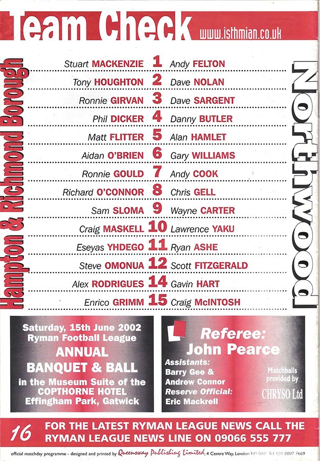 𝙒𝙊𝙊𝘿𝙎 𝙋𝙍𝙊𝙂𝙍𝘼𝙈𝙈𝙀𝙎 𝙊𝙉 𝙏𝙃𝙄𝙎 𝘿𝘼𝙔 1 May 2002 Ryman @IsthmianLeague Cup Final at @stalbanscityfc Hampton & Richmond Borough @HAMRICHFC 2 Northwood 3 (Andy Cook 2, Lawrence Yaku)