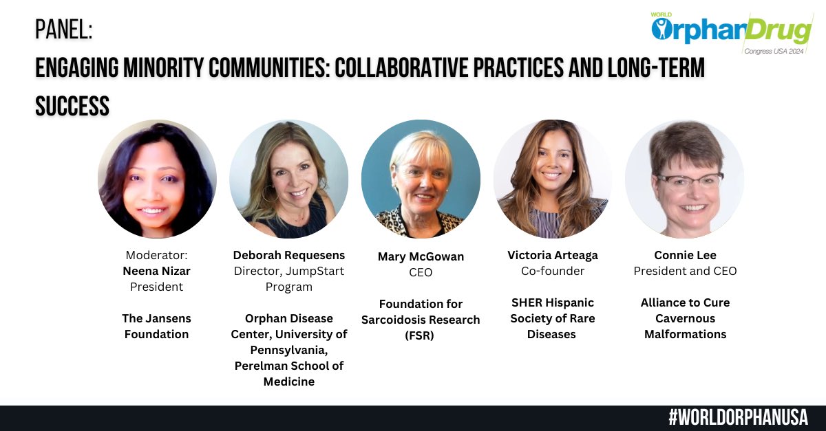 Es un honor ser parte de este grupo de increíbles panelistas en una conversación necesaria y urgente sobre la importancia de colaborar y conectar con comunidades minoritarias dentro del marco de las enfermedades raras.

<a href="/OrphanConf/">World Orphan Drug Congress USA</a> <a href="/cureSYNGAP1/">SynGAP Research Fund (SRF)</a> <a href="/dvrequesens/">Deborah V. Requesens</a>