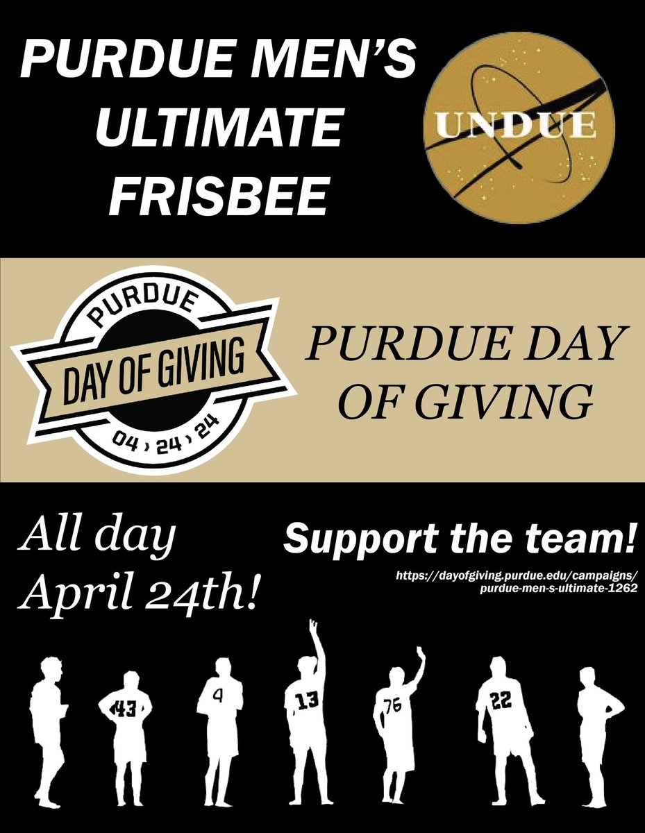 UndueUItimate's tweet image. PDOG 2024! Please donate/spread the word for tomorrow. PDOG 2023 was our greatest fundraiser ever, and 2024 featured the most players at tournaments ever. Contributions from your generosity allow us to continue to grow and improve! #purdue #pdog #purduedayofgiving #frisbee