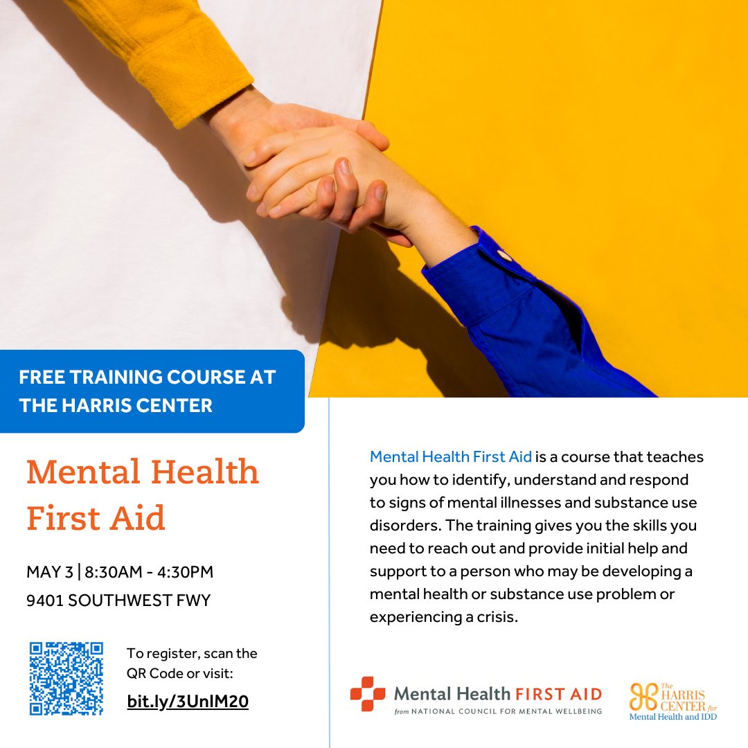 Join us for a FREE Mental Health First Aid course next week! Learn how to identify, understand, and respond to signs of mental illness and substance use disorders. 5/3 | 8:30AM - 4:30PM 9401 Southwest Fwy Register here: bit.ly/3UnIM20 #Houston #HTX #MentalHealth