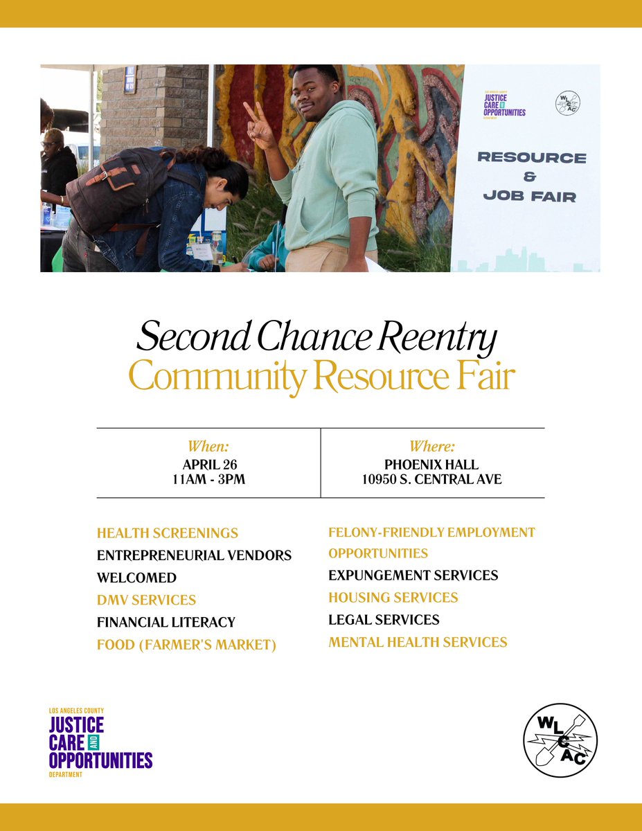 Join @LegalAidLA next week at the Second Chance Reentry Community Resource Fair with WLCAC and @LACJCOD. Our advocates will be on-site providing free reentry legal resources and assistance! 🗓️ April 26, 11 A.M – 3 P.M. 📍Phoenix Hall 10950 S. Central Ave