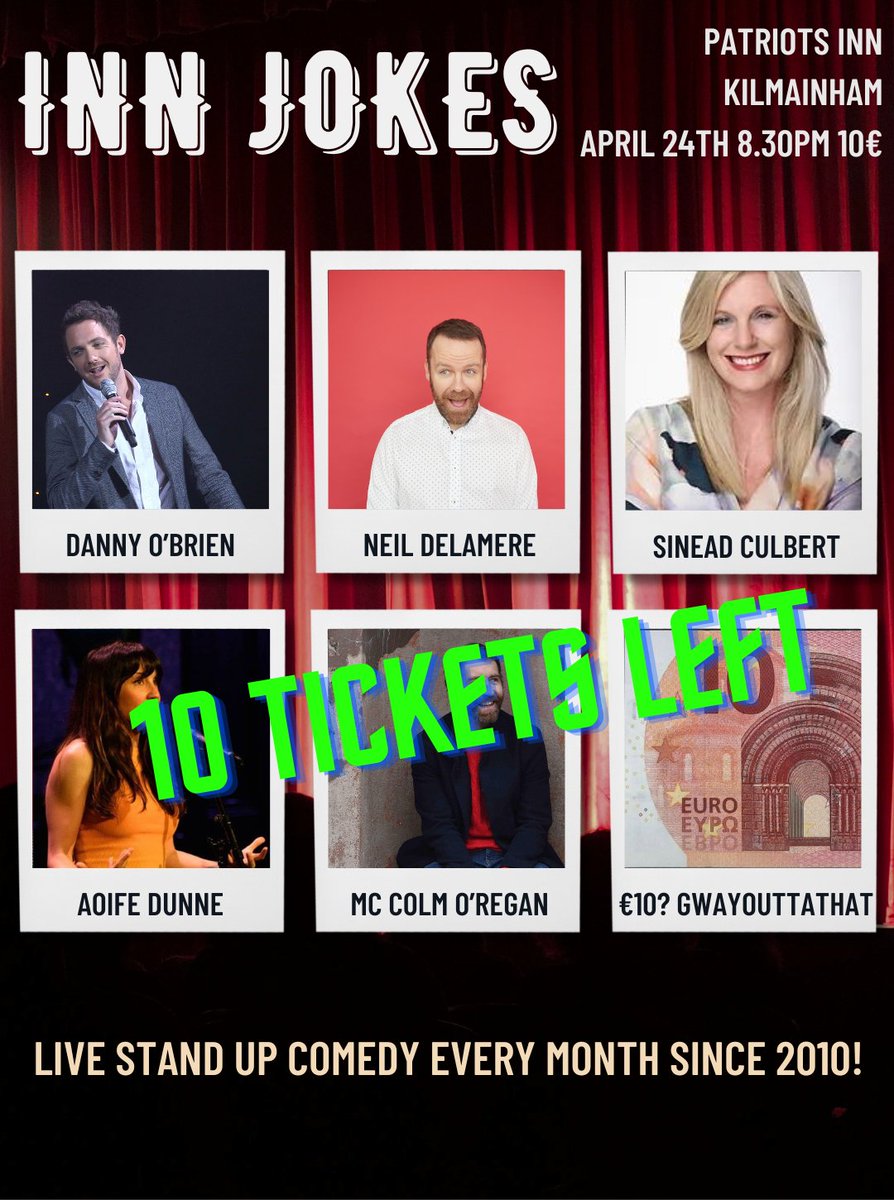 It was very nearly sold out and then a few tickets returned as they couldn't make it but we are down to our last 10 tickets for Inn Jokes tomorrow night with @dobcomedy @neildelamere Sinead Culbert of @DirtBirdsComedy and introducing Aoife Dunne. eventbrite.ie/e/inn-jokes-ap…