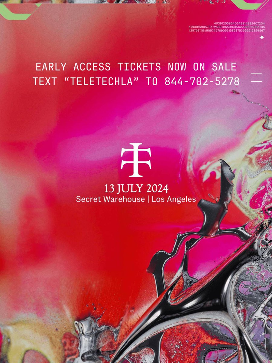 Early Access Tickets to RE/FORM x Teletech goes on SALE AT 10AM. 

 If you haven't received the SMS Text yet, text 'TELETECHLA' TO 844-702-5278 or join our discord (discord.gg/SIXAM). 

Lineup drops tomorrow! Early access tickets highly recommended!