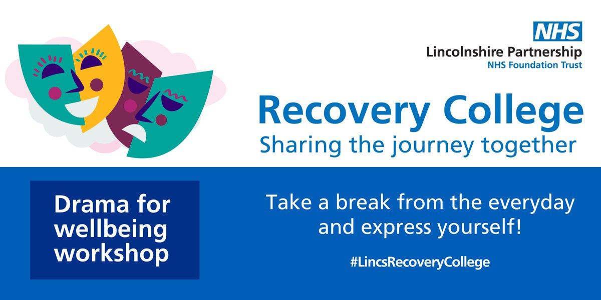 Want to try something new? This drama for wellbeing workshop will help you to take a break from the everyday and express yourself! Join the #LincsRecoveryCollege team at The Link Up in Lincoln this Friday 26 April 10am - 12pm. Book your place at lpft.nhs.uk/recovery-colle…