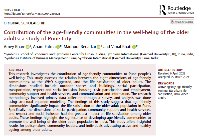 CitiesxHealth's tweet photo. #Research article published!
Contribution of the age-friendly communities in the well-being of the older adults: a study of Pune City.
Amey Khare, Anam Fatma, Madhura Bedarkar and Vimal Bhatt; 2024.
https://t.co/2oCYvdhAsY
#UrbanHealth #CitiesAndHealth #HealthyCities #Cities4Health #PublicHealth #AgeFriendly #BuiltEnvironment #ActiveAgeing #Wellbeing #OlderAdults #Pune #India